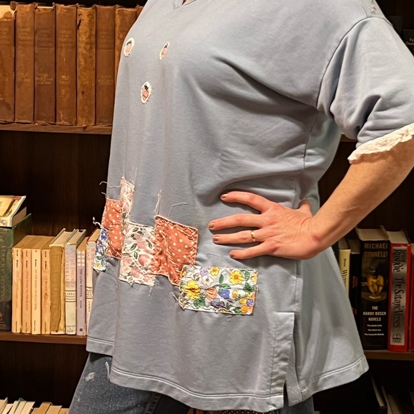 Upcycled Reworked Patched Distressed Short Sleeve T-Shirt Tunic Top with Lace - Picture 7 of 7